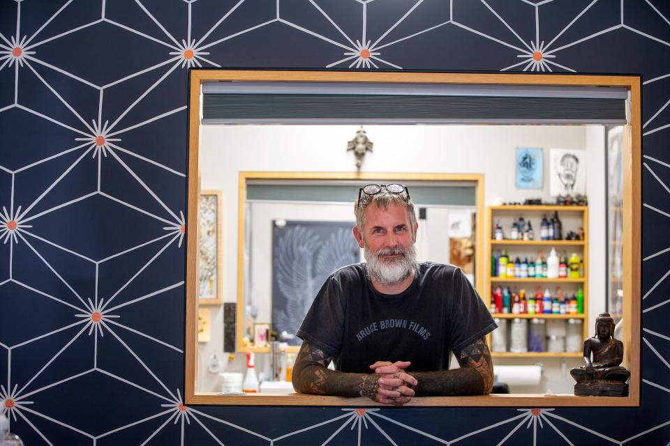 Dave Shoemaker, tattooist and owner of Ninth Wave Tattoo, talks about his business in Asbury Park, NJ Thursday, October 20, 2022. 