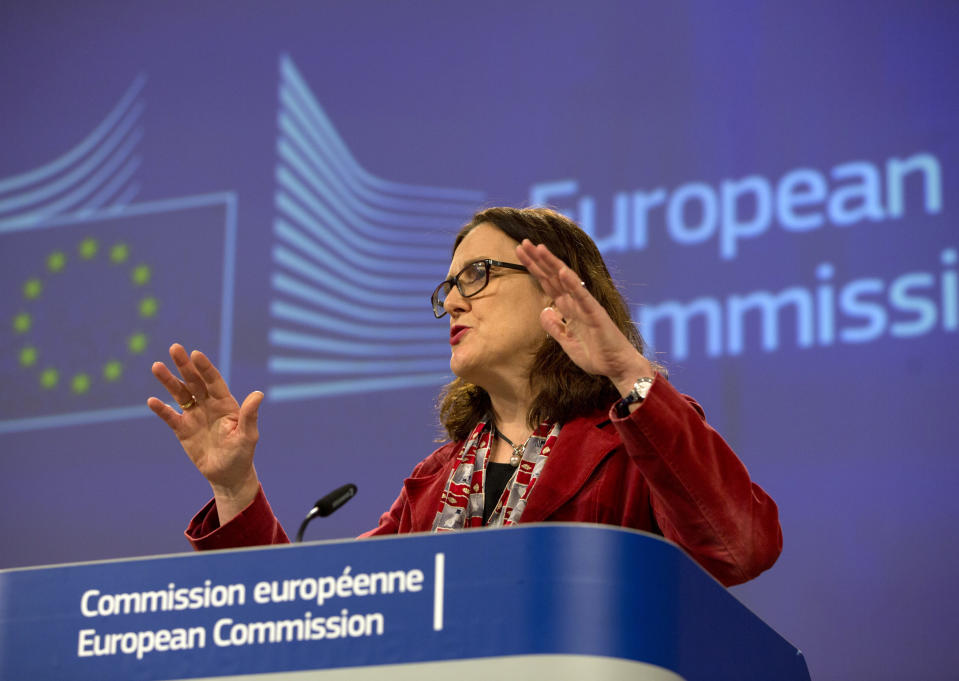 European Union Trade Commissioner Cecilia Malmstrom speaks during a media conference at EU headquarters in Brussels, Friday, Jan. 18, 2019. The European Union is insisting to keep agriculture out of the EU-US trade negotiations despite the wishes from Washington to include the vast sector. (AP Photo/Virginia Mayo)