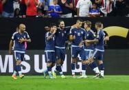 Jun 21, 2016; Houston, TX, USA; Argentina forward Gonzalo Higuain (9) celebrates after scoring a goal during the second half against the United States in the semifinals of the 2016 Copa America Centenario soccer tournament at NRG Stadium. Argentina won 4-0. Troy Taormina-USA TODAY Sports