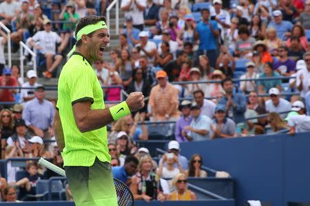 Sep 3, 2016; New York, NY, USA; Juan Martin del Potro of Argentina celebrates the win against David Ferrer of Spain on day six of the 2016 U.S. Open tennis tournament at USTA Billie Jean King National Tennis Center. Mandatory Credit: Anthony Gruppuso-USA TODAY Sports