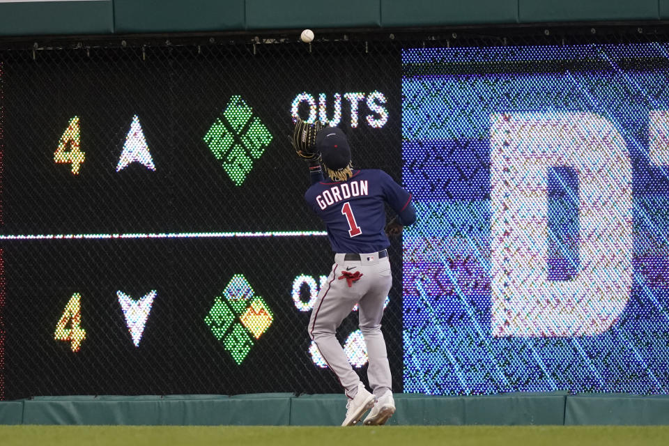 Minnesota Twins center fielder Nick Gordon plays the triple hit by Detroit Tigers' Jeimer Candelario during the fifth inning of a baseball game, Wednesday, June 1, 2022, in Detroit. (AP Photo/Carlos Osorio)