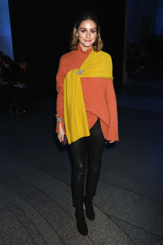 <p>Olivia Palermo donned sorbet hues for the Christopher Kane AW18 show. <em>[Photo: Getty]</em> </p>