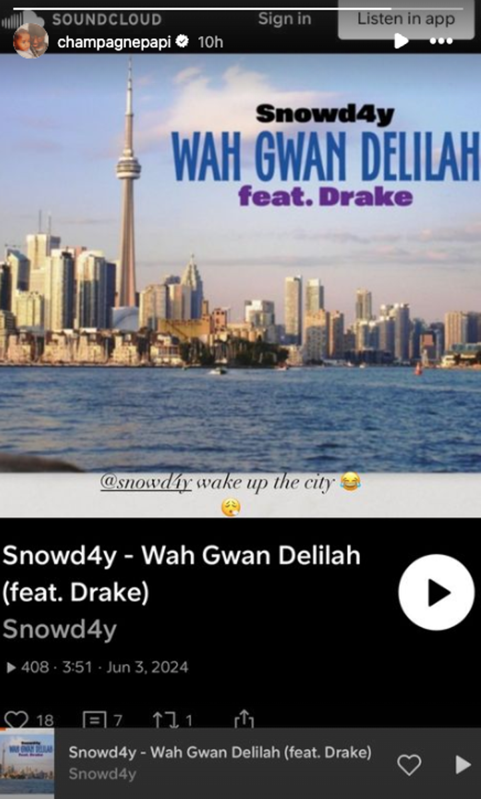 Drake appears to have covered the Plain White T’s 2006 hit song ‘ Hey There Delilah' (Drake on Instagram)