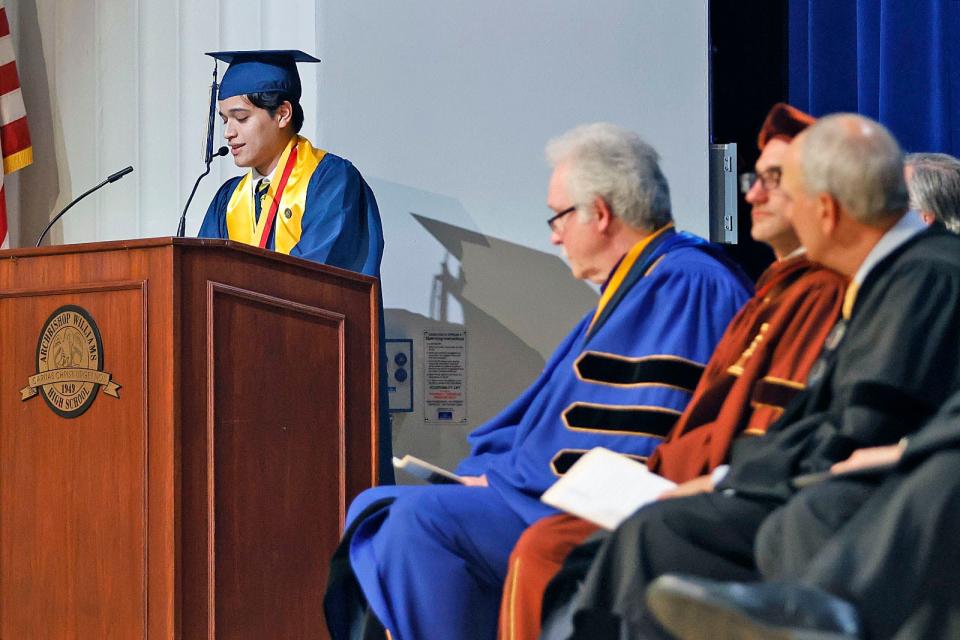 Salutatorian Noah Alvarenga thanks his classmates for four great years during Archbishop Williams High School's graduation on Thursday, May 23, 2024.