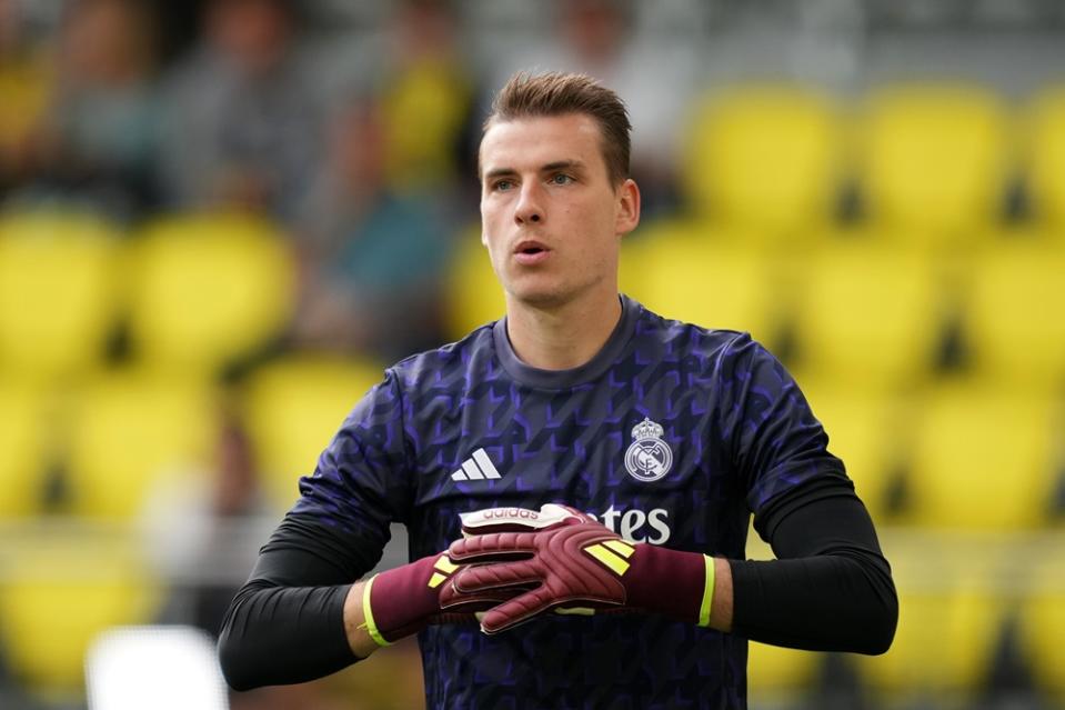 VILLARREAL, SPAIN: Andriy Lunin of Real Madrid looks on during the warm up prior to the LaLiga EA Sports match between Villarreal CF and Real Madrid CF at Estadio de la Ceramica on May 19, 2024. (Photo by Alex Caparros/Getty Images)