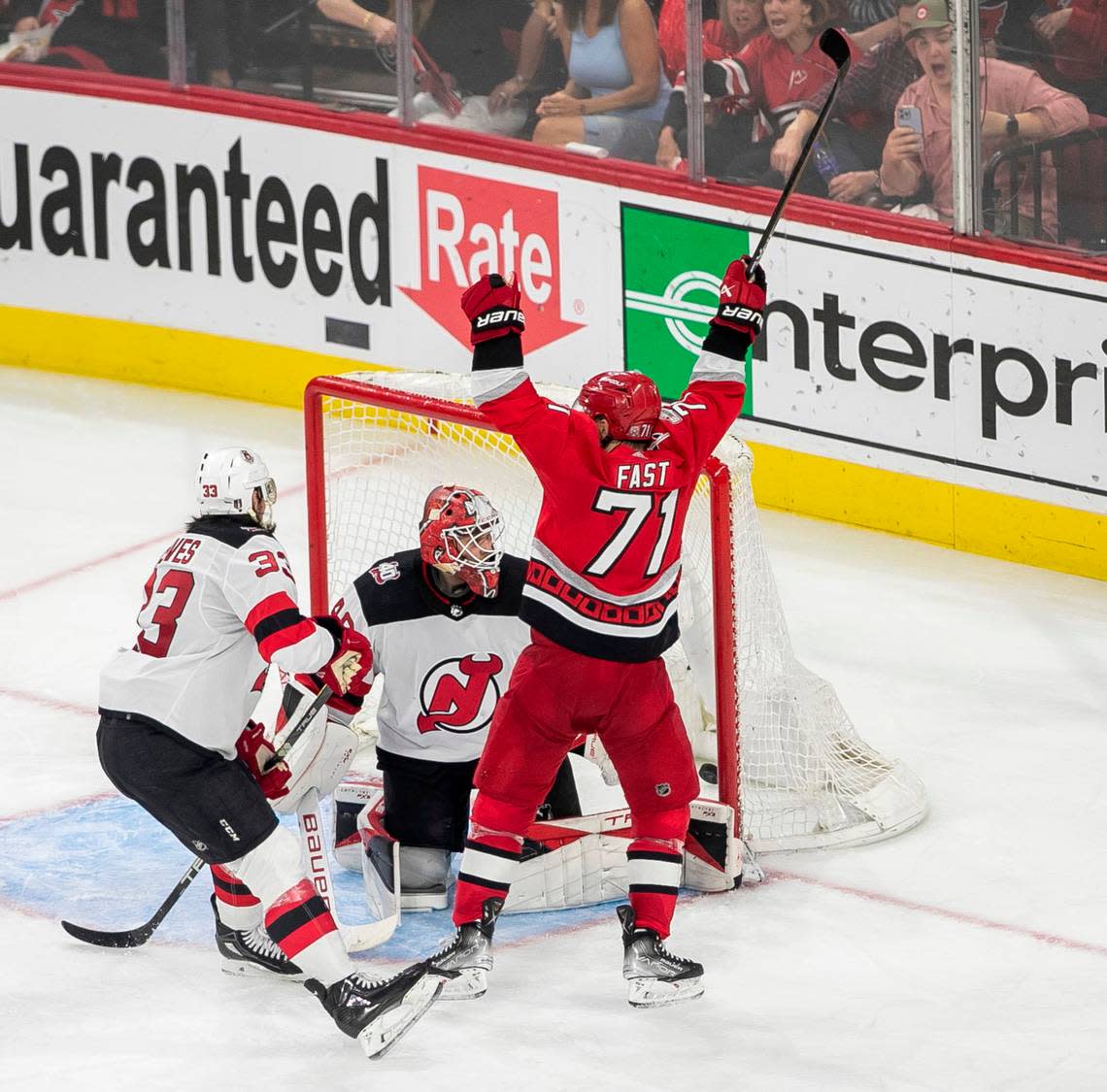 The Carolina Hurricanes Jesper Fast (71) scores the game winning goal in overtime, securing a 3-2 victory in Game 5 and clinching their second round Stanley Cup playoff series on Thursday, May 11, 2023 at PNC Arena in Raleigh, N.C.