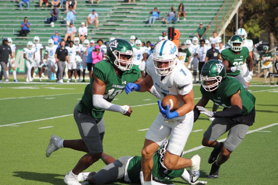 West Florida wide receiver Caden Leggett breaks free for a touchdown catch-and-run during the Argos' 24-21 win against Delta State on Saturday, Oct. 21, 2023 from Parker Field at McCool Stadium in Cleveland, Mississippi.