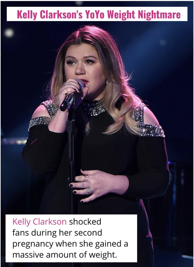 Kelly Clarkson sings into a mic, and the headlines about her "yoyo weight nightmare" and "massive amount of weight"