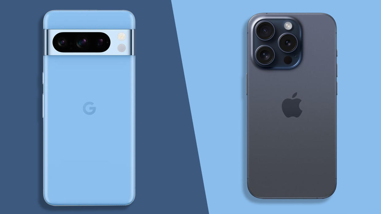  An image showing the Google Pixel 8 Pro vs iPhone 15 Pro. 