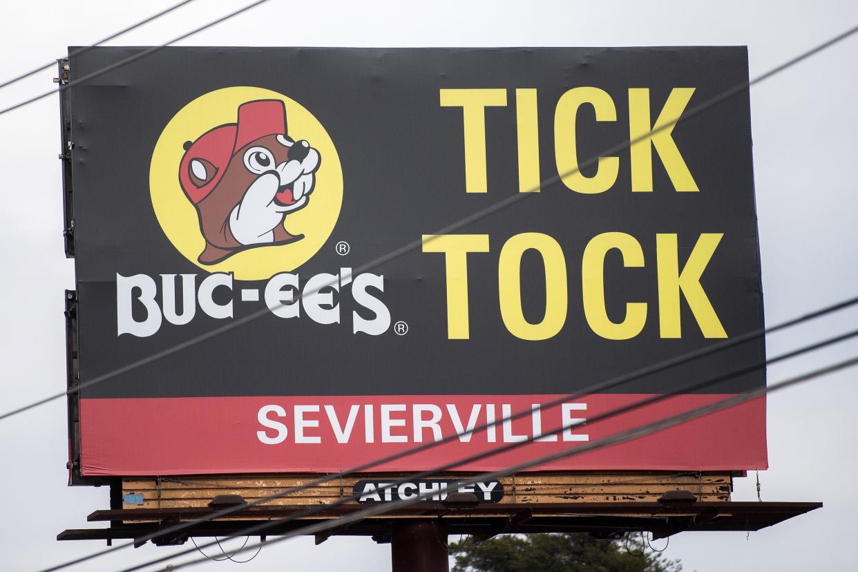 This billboard along Winfield Dunn Parkway in January 2023 previewed the then-upcoming Buc-ee's at exit 407 in Sevierville.
