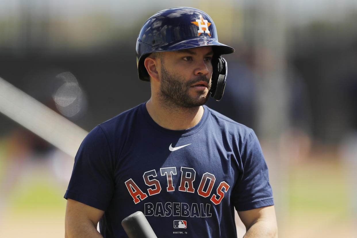 WEST PALM BEACH, FLORIDA - FEBRUARY 18:  Jose Altuve #27 of the Houston Astros looks on during a team workout at FITTEAM Ballpark of The Palm Beaches on February 18, 2020 in West Palm Beach, Florida. (Photo by Michael Reaves/Getty Images)