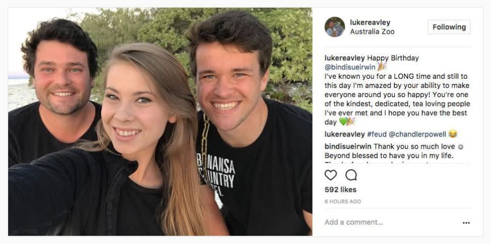 One of her best friends and fellow Australia Zoo employee Luke Reavley also wished her well. Source: Instagram