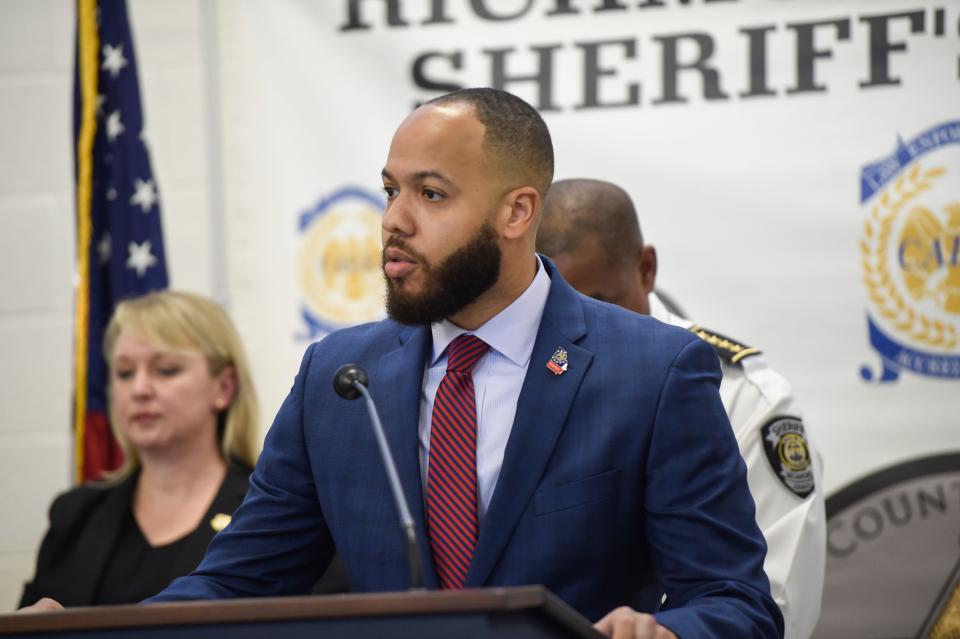 Jared Williams, District Attorney for Augusta Judicial Circuit, speaks during the Operation Grace press conference at the Richmond County Sheriff's Office South Precinct on Wednesday, Sept. 21, 2022. During Operation Grace, police officers seized 176 guns and large quantities of drugs.