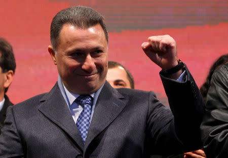 Leader of Macedonian ruling party VMRO-DPMNE and former Prime Minister Nikola Gruevski greets his supporters during an election campaign rally in Ohrid, Macedonia November 21, 2016. REUTERS/Ognen Teofilovski