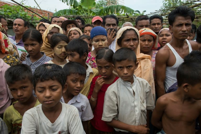 Minority Muslim Rohingya gather at the Thet Kal Pyin displacement camp in Sittwe, Rakhine state