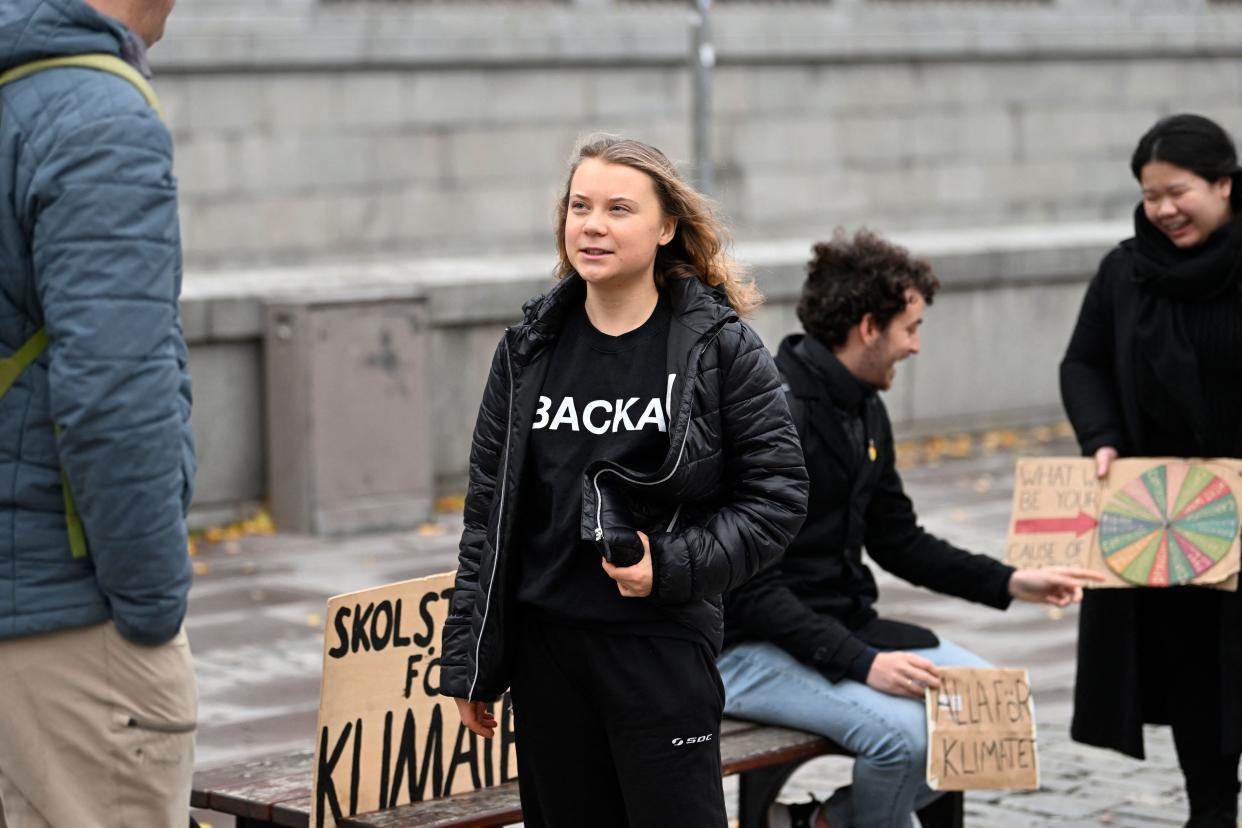 Swedish climate activist Greta Thunberg attends a 'Fridays for Future' movement protest at the Mynttorget square next to the Swedish Parliament Riksdagen in Stockholm, on November 11, 2022. - Sweden OUT (Photo by Pontus LUNDAHL / TT News Agency / AFP) / Sweden OUT (Photo by PONTUS LUNDAHL/TT News Agency/AFP via Getty Images)