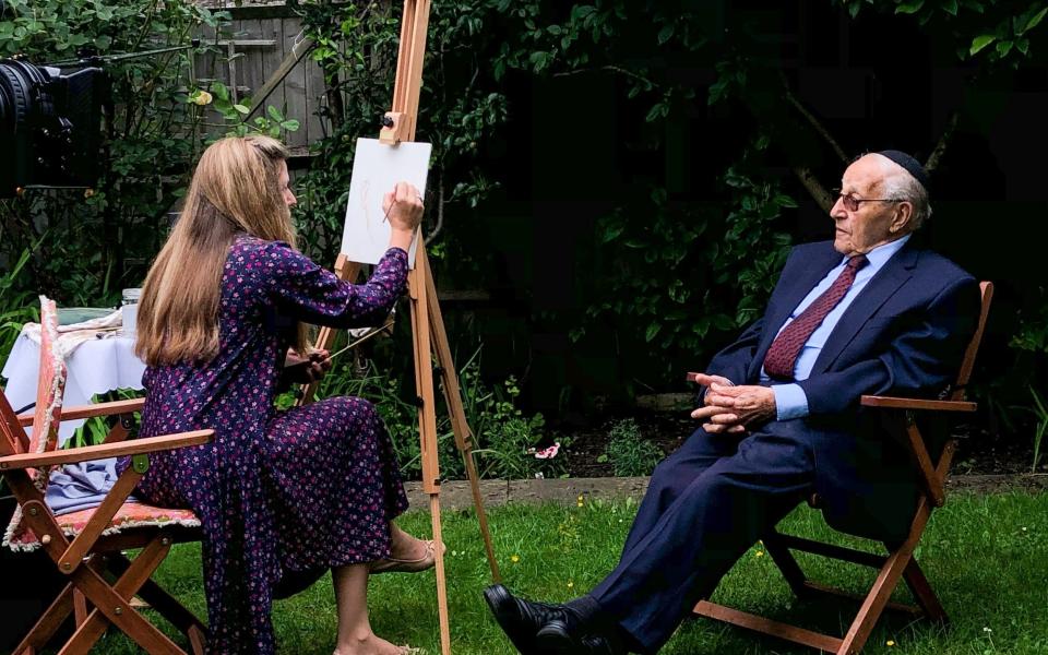 Clara Drummond draws Manfred Goldberg outside - Angel Li/BBC Pictures' Digital Picture