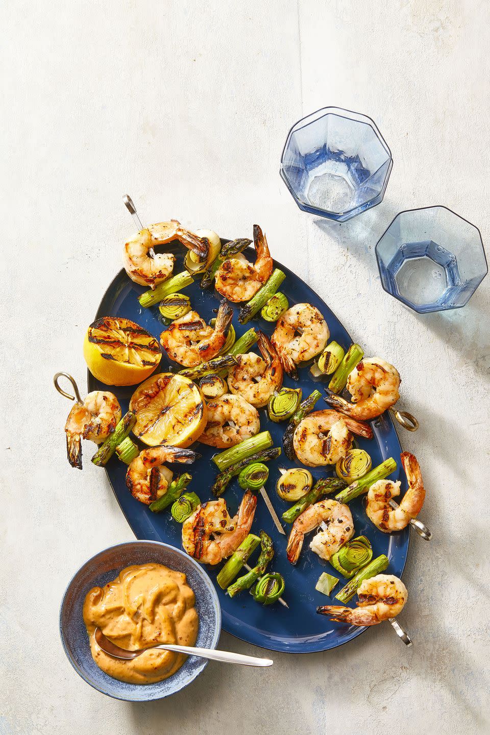 Charred Shrimp, Leek and Asparagus Skewers