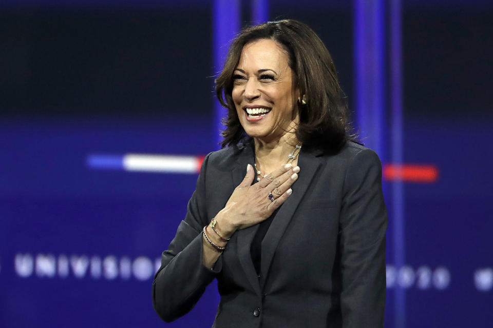 Sen. Kamala Harris, D-Calif., smiles during a presidential forum at the California Democratic Party's convention Saturday, Nov. 16, 2019, in Long Beach, Calif. (AP Photo/Chris Carlson)