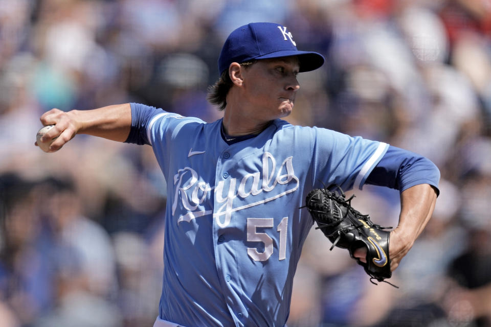 Kansas City Royals starting pitcher Brady Singer throws during the first inning of a baseball game against the Washington Nationals Saturday, May 27, 2023, in Kansas City, Mo. (AP Photo/Charlie Riedel)