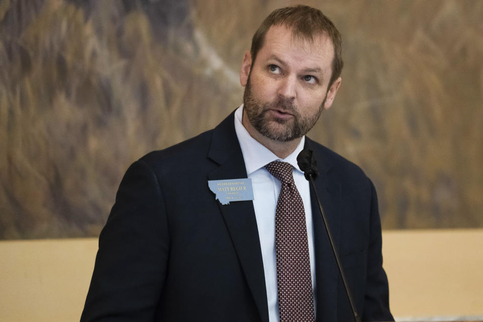 Speaker of the House Matt Regier looks on during a session for the Montana House of Representatives at the Montana State Capitol in Helena, Mont., on Wednesday, April 26, 2023. (AP Photo/Tommy Martino)