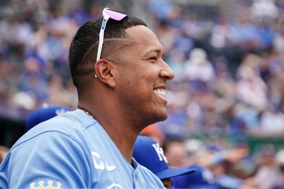 Kansas City Royals designated hitter Salvador Perez (13) watches play from the dugout against the Baltimore Orioles during the game at Kauffman Stadium on May 4, 2023.