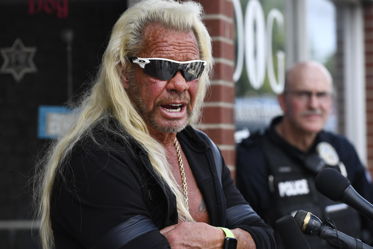 EDGEWATER , CO - AUGUST 02:  Duane "u201cDog The Bounty Hunter"u201d Chapman during a press conference in front of his store August 02, 2019. The store, which sells apparel and merchandise from his reality television show, was burglarized on Tuesday, some of his late wife's belongings were stolen along with other items. Beth Chapman died in June of cancer. Dog Chapman offered not to press charges if the suspect came forward in 48 hours. (Photo by Andy Cross/MediaNews Group/The Denver Post via Getty Images)