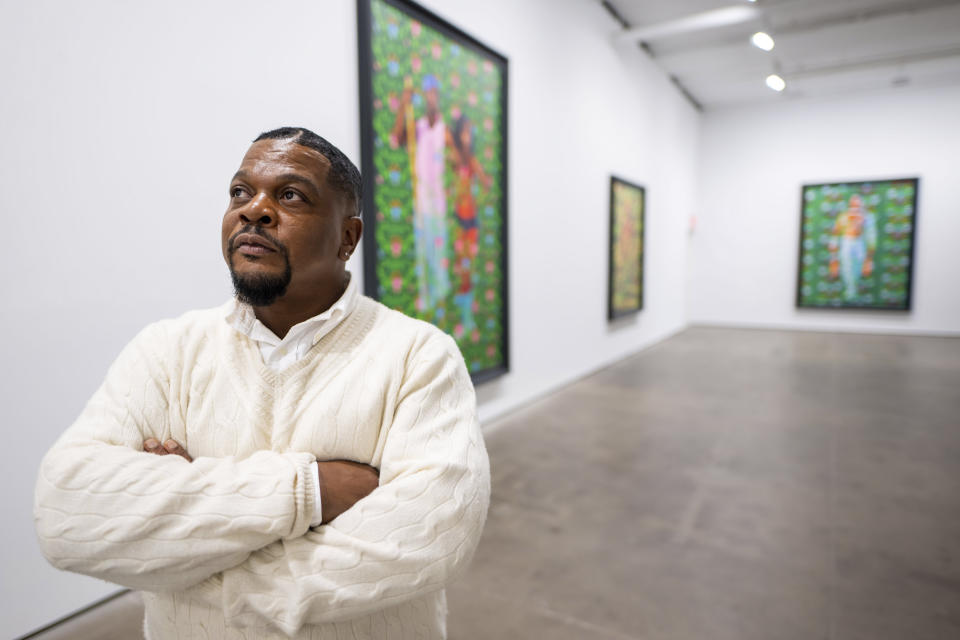 Kehinde Wiley poses for a portrait at Sean Kelly Gallery, Thursday, April 27, 2023, in New York. (Photo by Charles Sykes/Invision/AP)