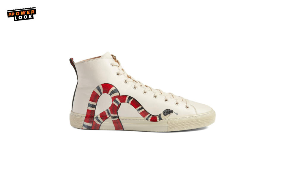 <p>“There’s a gr<span>eat selection of white… fashionable, clean white sneakers now. Gucci’s got some</span><span> with details like stripes, tigers, and snakes. </span>There’s a lot to choose from this season, for those who go for a commercial look or for people who want to step out and amp up their look.” <em>Eric Jennings, Saks Fifth Avenue Vice President & Menswear Fashion Director</em><br>Gucci Major Sneaker Leather High-Top Sneakers, <a rel="nofollow noopener" href="http://www.saksfifthavenue.com/main/ProductDetail.jsp?FOLDER%3C%3Efolder_id=2534374306420995&PRODUCT%3C%3Eprd_id=845524447111537&R=888108688647&P_name=Gucci&N=1678+306420995&bmUID=lMm52TT" target="_blank" data-ylk="slk:$750;elm:context_link;itc:0;sec:content-canvas" class="link ">$750</a> <br><a rel="nofollow noopener" href="http://saksfifthavenue.com" target="_blank" data-ylk="slk:saksfifthavenue.com;elm:context_link;itc:0;sec:content-canvas" class="link ">saksfifthavenue.com</a> </p>