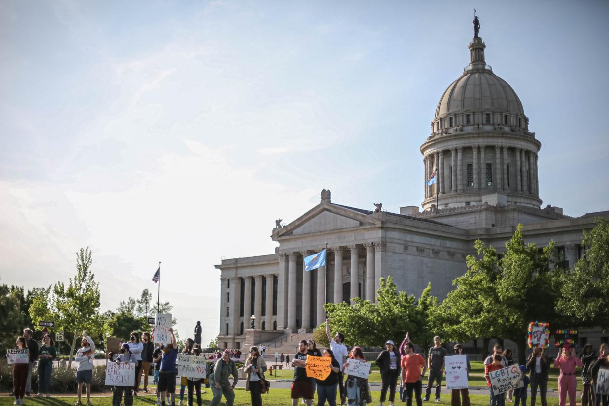 Demonstrators gather May 3, 2022, at the Oklahoma state Capitol to protest as the U.S. Supreme Court appeared poised to overturn longstanding abortion protections.