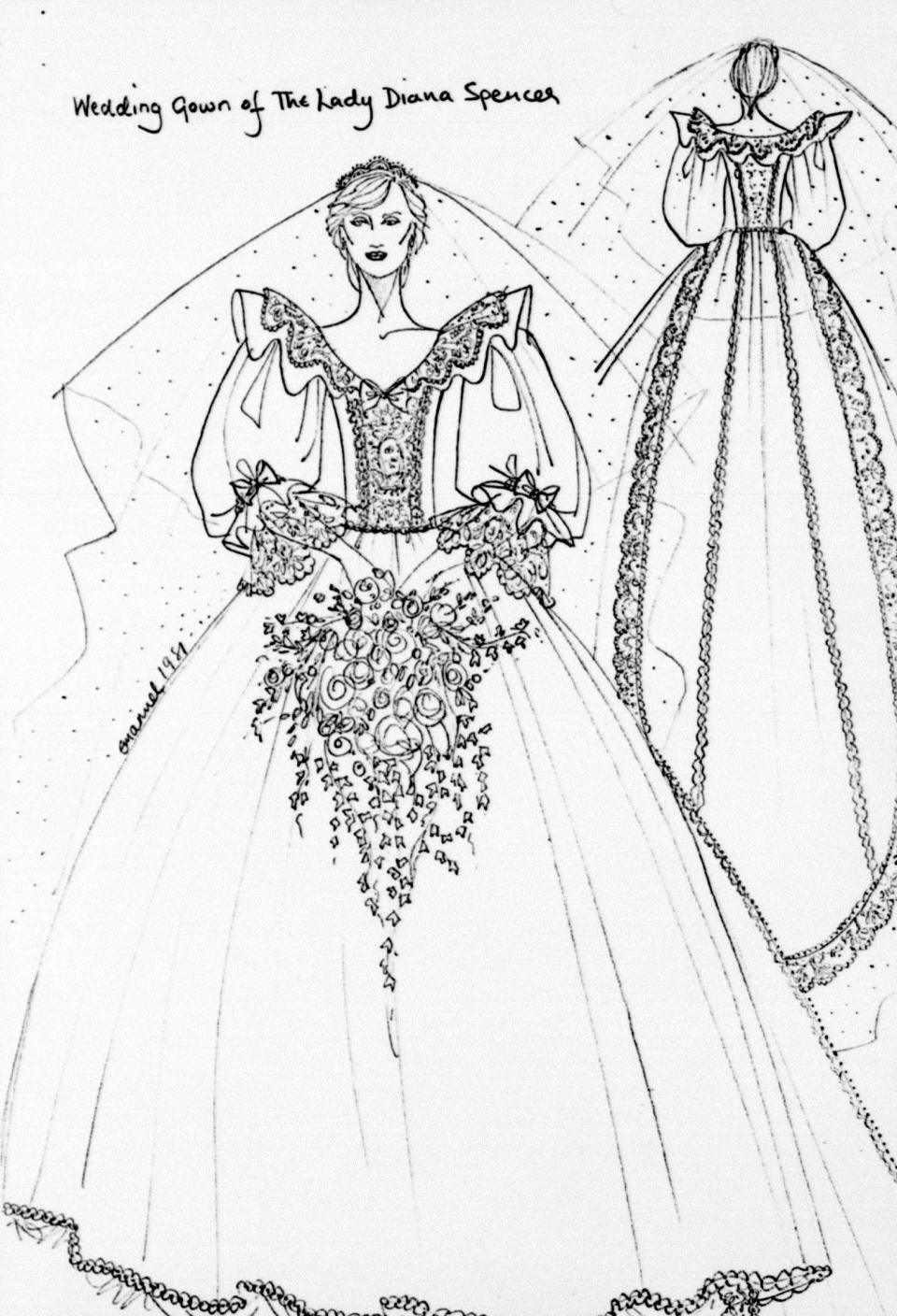 Sketches of the front and back views of the wedding dress to be worn by Lady Diana Spencer during her wedding to the Prince of Wales at St. Paul's Cathedral in London. Designed by Elizabeth and David Emanuel, the dress has a 25ft long detachable train.  The bride's veil of ivory silk tulle, spangled with thousands of tiny hand-embroidered mother-of-pearl sequins, is held in place by the Spencer Family diamond tiara. The bride will also wear diamond drop ear-rings, lent by her mother.   (Photo by PA Images via Getty Images)