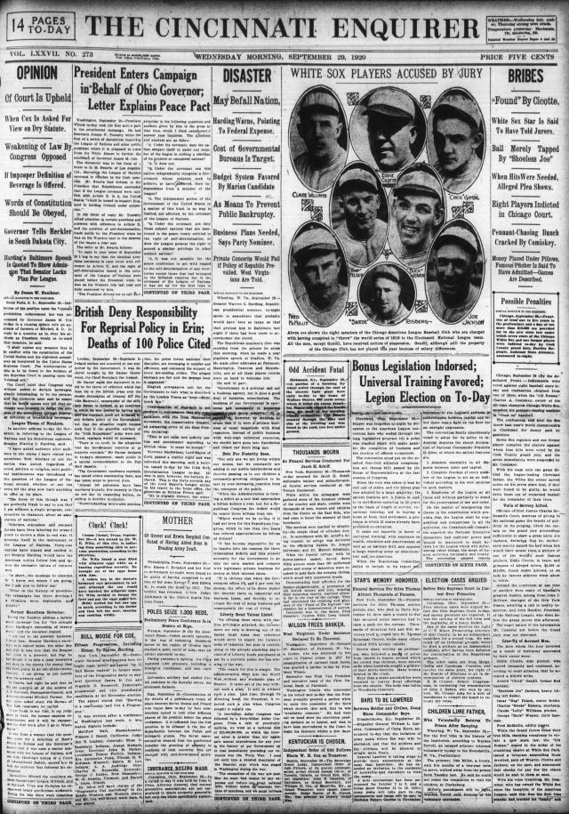 Black Sox scandal  Enquirer historic front pages from Sept. 29