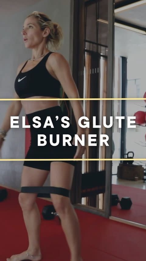 <p>When she was younger, Elsa had a true *fear* of building too much muscle, she told <a href="https://www.bodyandsoul.com.au/health/celebrity-profiles/elsa-pataky-on-intermittent-fasting-her-competitive-marriage-to-chris-hemsworth-and-feeling-sexy-at-40/news-story/e0c8fd15355fc684cb31b2fbef6cd83d" rel="nofollow noopener" target="_blank" data-ylk="slk:Body and Soul;elm:context_link;itc:0;sec:content-canvas" class="link ">Body and Soul</a>. At first, she thought that putting on weight from building muscle was a bad thing. She later realized that the muscles were truly making her a healthier (and stronger!) human, she told the mag. Here's the entirety of her glute-building workout, according to her IG videos. </p><ul><li>Single leg glute raise, 20 seconds each leg</li><li>Dumbbell good mornings, 20 seconds</li><li>Dumbbell <a href="https://www.womenshealthmag.com/uk/fitness/workouts/a704472/20-best-lunges-leg-exercises/" rel="nofollow noopener" target="_blank" data-ylk="slk:lunges;elm:context_link;itc:0;sec:content-canvas" class="link ">lunges</a>, 20 seconds each leg </li><li>TRX squat jumps, 40 seconds</li><li>Exercise ball hamstring rollouts, 40 seconds</li><li>Banded walking <a href="https://www.womenshealthmag.com/uk/fitness/strength-training/a708464/how-to-squat-properly/" rel="nofollow noopener" target="_blank" data-ylk="slk:squats;elm:context_link;itc:0;sec:content-canvas" class="link ">squats</a>, 20 seconds each way</li><li>Banded glute kickbacks, 20 seconds each leg</li></ul><p><strong>Repeat for 4 rounds, 20 seconds rest between rounds.</strong></p><p><a href="https://www.instagram.com/tv/B2t2ZNrnrdD/" rel="nofollow noopener" target="_blank" data-ylk="slk:See the original post on Instagram;elm:context_link;itc:0;sec:content-canvas" class="link ">See the original post on Instagram</a></p>