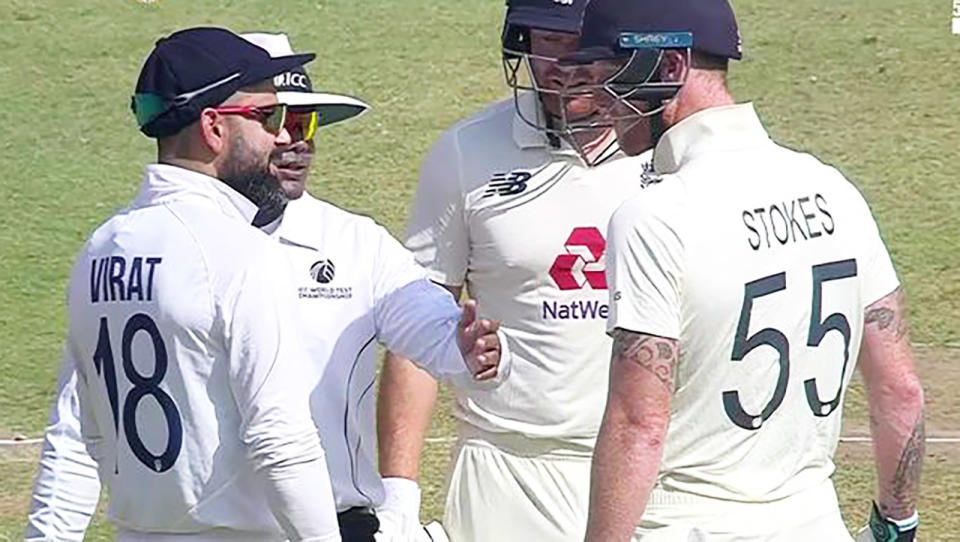 Virat Kohli and Ben Stokes, pictured here in an ugly on-field clash.