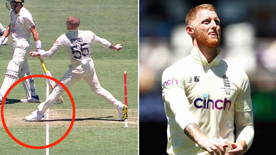 Seen here, Ben Stokes looks on after bowling a no-ball on day two of the first Ashes Test.