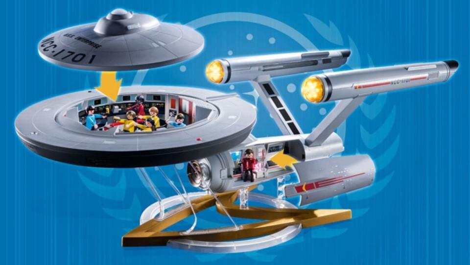 Image of Playmobil's Star Trek U.S.S. Enterprise set with crew figures inside.