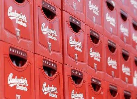 Crates of beer are stacked up on the yard of Budejovicky Budvar (Budweiser Budvar) brewery in Ceske Budejovice, Czech Republic, March 17, 2016. REUTERS/David W Cerny