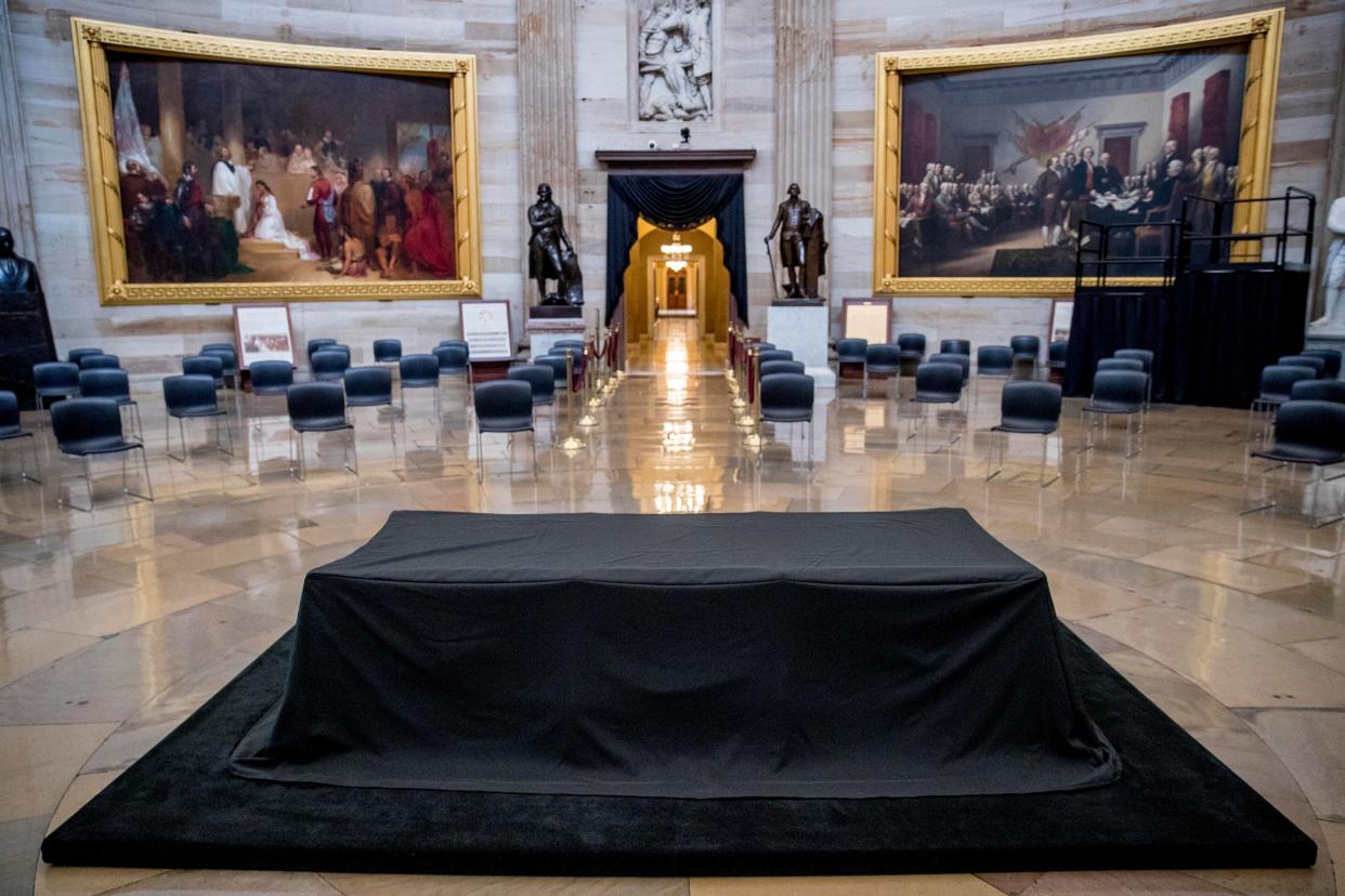 The center of the U.S. Capitol Rotunda is readied for a casket.  