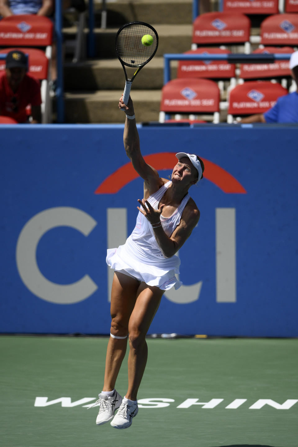 Liudmila Samsonova, of Russia, serves during a final against Kaia Kanepi, of Estonia, at the Citi Open tennis tournament Sunday, Aug. 7, 2022, in Washington. Samsonova won 4-6, 6-3, 6-3. (AP Photo/Nick Wass)