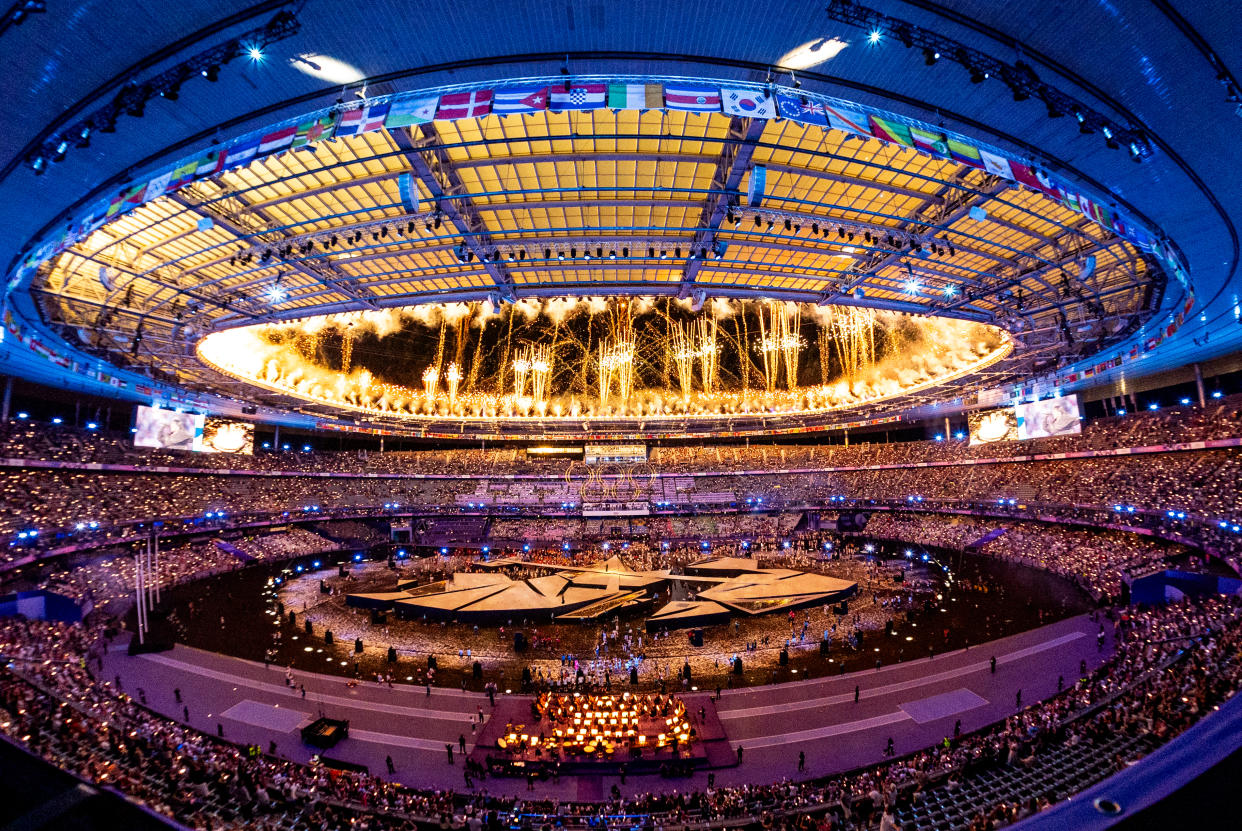 PARIS, FRANCE - AUGUST 12: General view of fireworks being lightened during the Closing Ceremony of the Olympic Games Paris 2024 at Stade de France on August 12, 2024 in Paris, France. (Photo by Rene Nijhuis/BSR Agency/Getty Images)