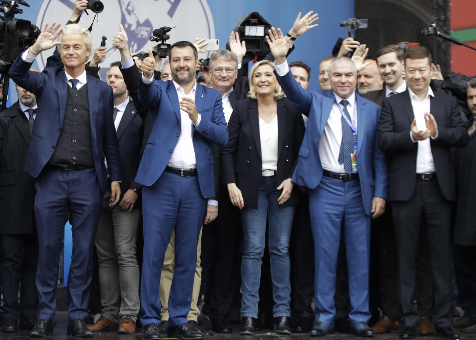 From left, Geert Wilders, leader of Dutch Party for Freedom, Matteo Salvini, Jörg Meuthen, leader of Alternative For Germany party, Marine Le Pen, Leader of the French National Front, Vaselin Marehki leader of Bulgarian 'Volya' party, Jaak Madison of Estonian Conservative People's Party, and Tomio Okamura leader of Czech far-right Freedom and Direct Democracy, attend a rally organized by League leader Matteo Salvini, with leaders of other European nationalist parties, ahead of the May 23-26 European Parliamentary elections, in Milan, Italy, Saturday, May 18, 2019. (AP Photo/Luca Bruno)