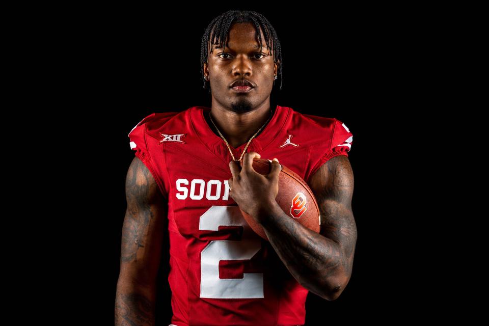 Oklahoma’s Jovantae Barnes (2) is pictured at OU media day in Norman, Okla., on Tuesday, Aug. 1, 2023.