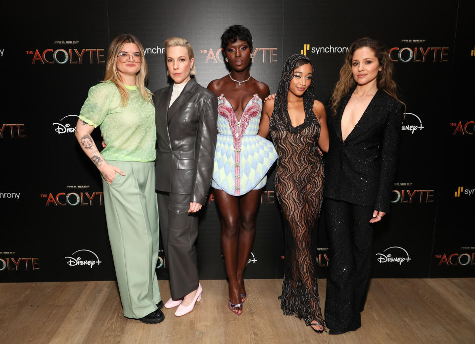 Leslye Headland, Rebecca Henderson, Jodie Turner-Smith, Amandla Stenberg, and Margarita Levieva attend Disney+ and The Cinema Society host a screening of "The Acolyte"