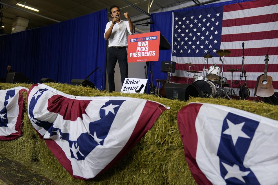 Republican presidential candidate businessman Vivek Ramaswamy speaks during a fundraising event for U.S. Rep. Ashley Hinson, R-Iowa, Sunday, Aug. 6, 2023, in Cedar Rapids, Iowa. | Charlie Neibergall, Associated Press