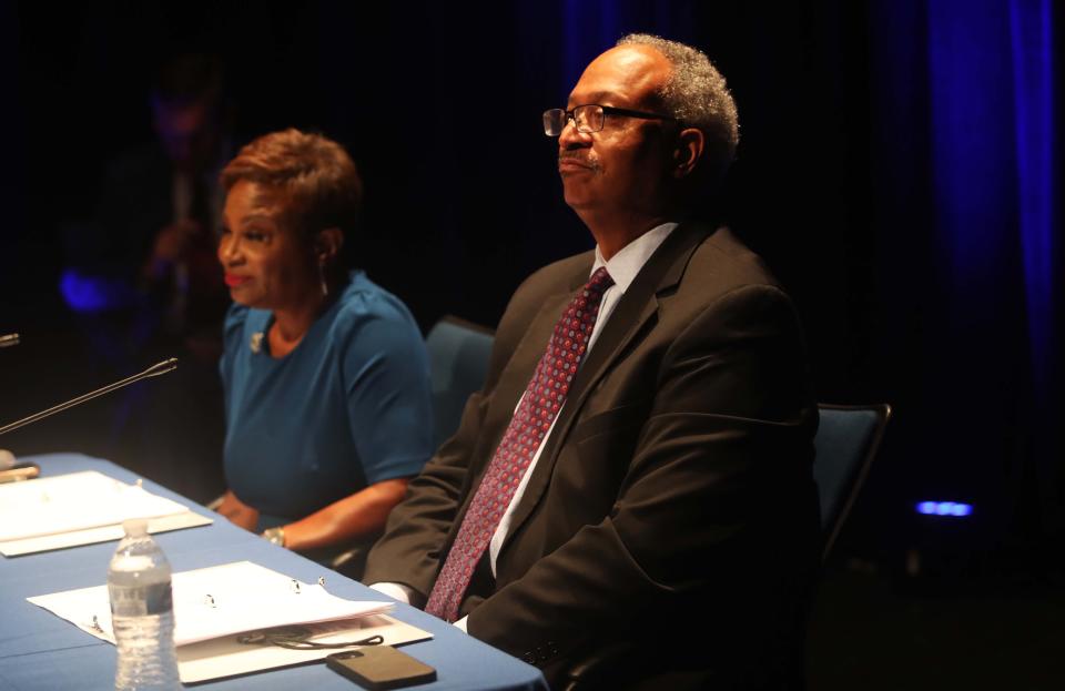 The Commercial Appeal chief editor Mark Russell listens to answers to questions during a mayoral forum hosted by The Commercial Appeal, WMC Action News 5, and the League of Women Voters at the Rose Theater on the University of Memphis campus on Thursday, September 14, 2023.