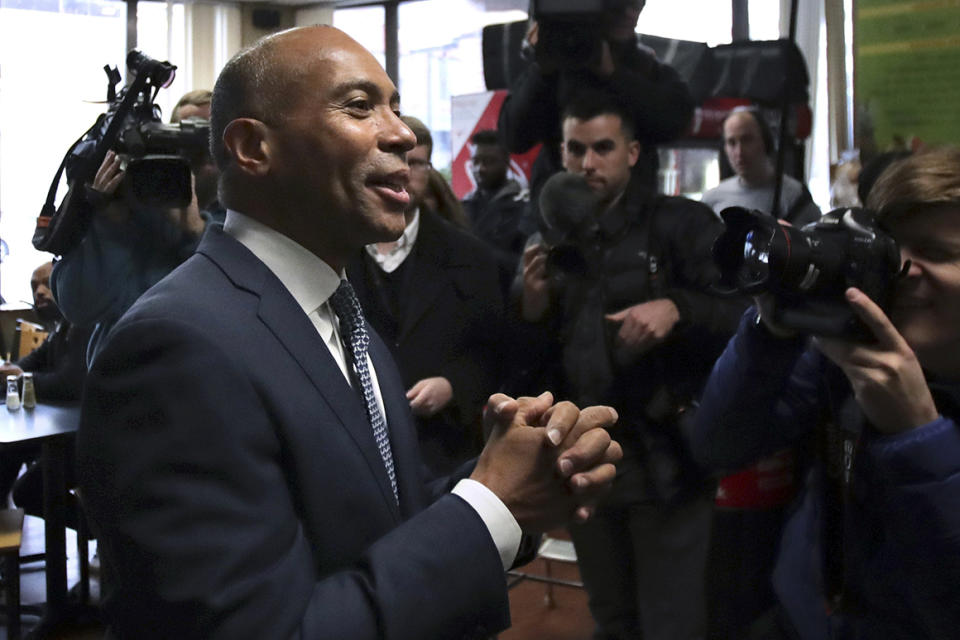 Democratic presidential candidate former Massachusetts Gov. Deval Patrick campaigns Thursday, Nov. 14, 2019, at The Bridge Cafe in Manchester, N.H. (AP Photo/Charles Krupa)