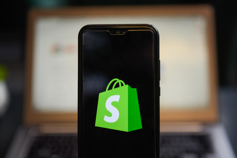 POLAND - 2019/12/11: In this photo illustration a Shopify logo seen displayed on a smartphone. (Photo Illustration by Omar Marques/SOPA Images/LightRocket via Getty Images)