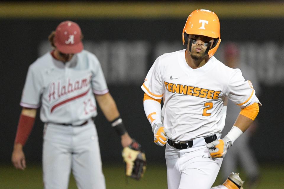 Tennessee infielder Jorel Ortega (2) rounds second base after a home run hit during a game at Lindsey Nelson Stadium in Knoxville, Tenn. on Friday, April 15, 2022.