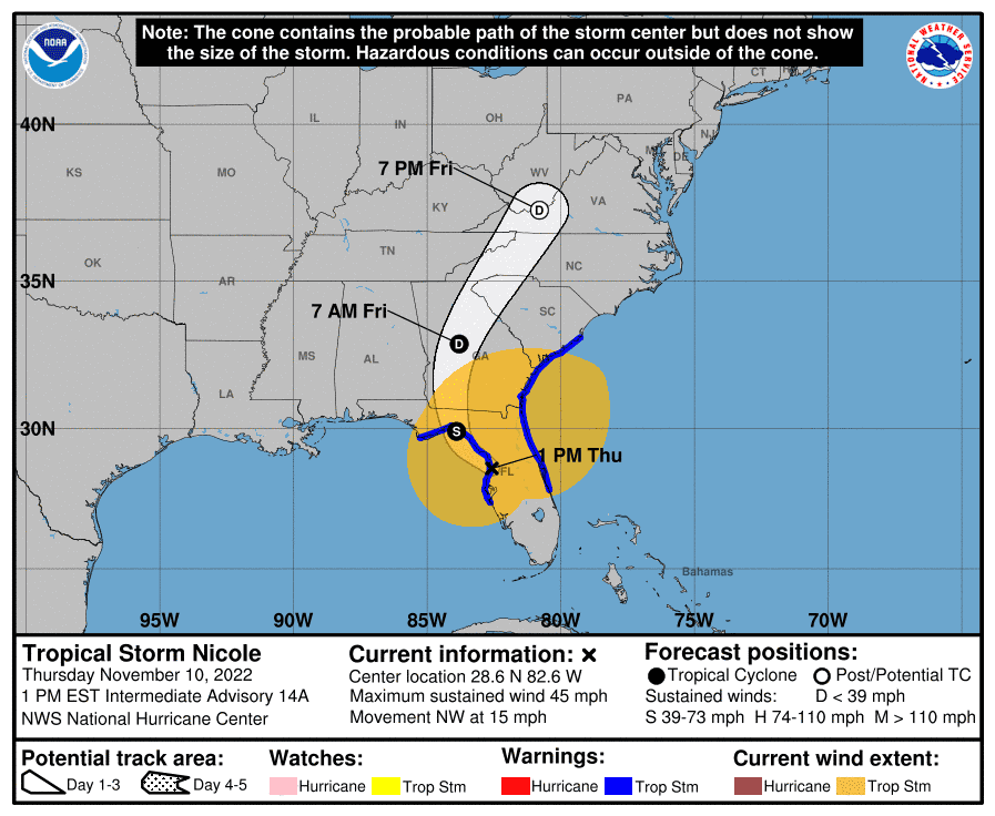 This graphic shows an approximate representation of coastal areas under a hurricane warning (red), hurricane watch (pink), tropical storm warning (blue) and tropical storm watch (yellow). The orange circle indicates the current position of the center of the tropical cyclone. The black line, when selected, and dots show the National Hurricane Center (NHC) forecast track of the center at the times indicated. The dot indicating the forecast center location will be black if the cyclone is forecast to be tropical and will be white with a black outline if the cyclone is forecast to be extratropical. If only an L is displayed, then the system is forecast to be a remnant low.