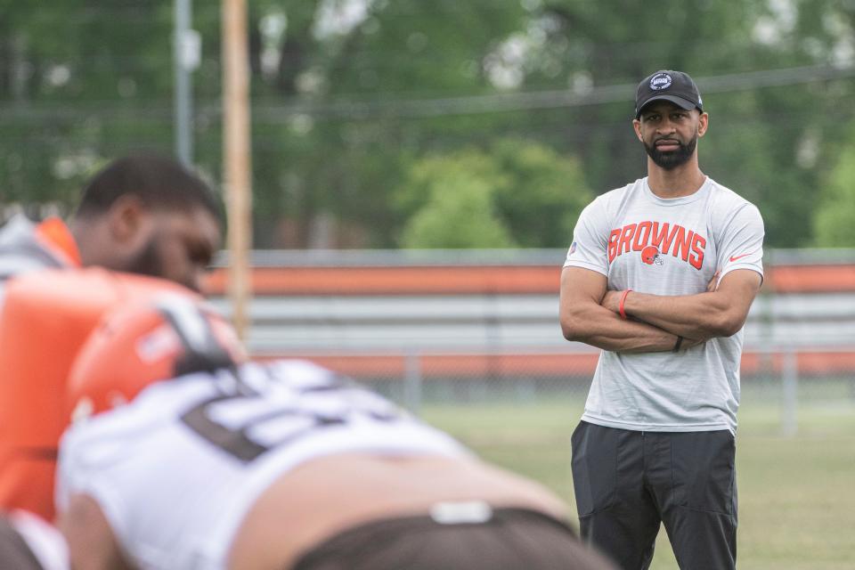 Browns general manager Andrew Berry watches the team's rookie minicamp in Berea on May 13.